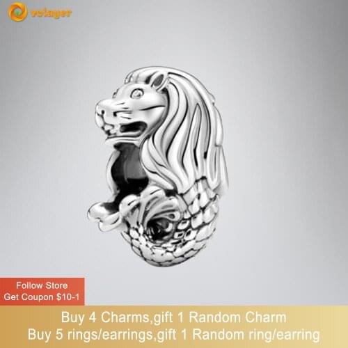 Volayer 925 Sterling Silver Bead Singapore Merlion Charms fit Original Pandora Bracelets for Women Jewelry Making Birthday Gift