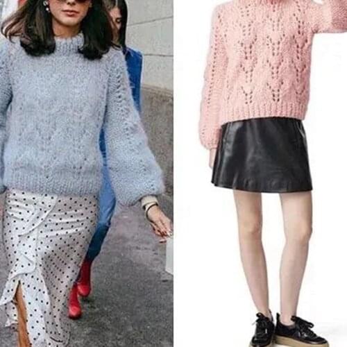 Spring and Autumn New Round Neck Long Sleeve Lantern Sleeve Hollow Loose Knit Pullover Casual Versatile Sweater