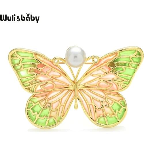 Wuli&baby Enamel Butterfly Brooches Women Pearl 4-color Insect Shirt Dress Brooch Pins Gifts