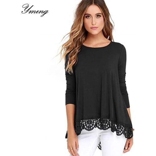 YMING Womens Pure Color Round Neck T-Shirt Short Sleeve Lace Stitching Round Neck Pullover Loose T-Shirt Womens Clothing