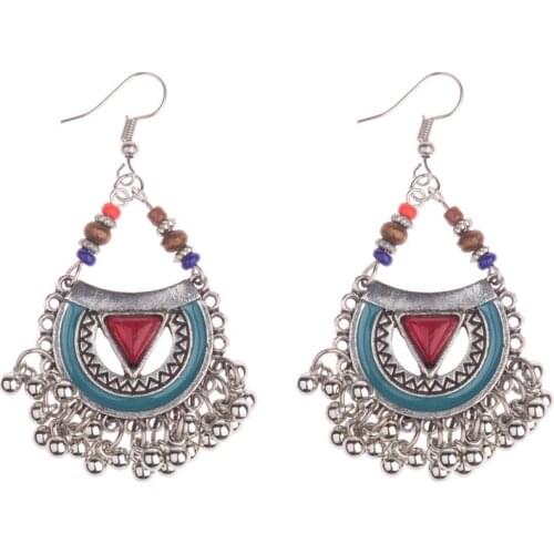Ethnic Style Vintage Women Red Blue Long Turkish Earrings Acrylic Jewelry Bells Statement Antique Silver Color Gypsy Egypt