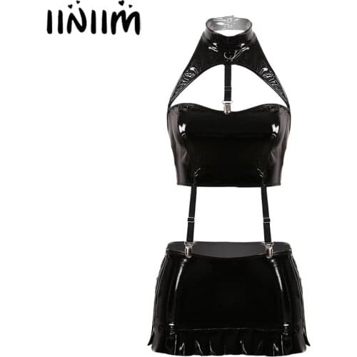 Womens Wet Look Pole Dance Parties Clubwear Costumes bodycon Leather Lingerie Set Front Cutout Low Back Crop Top with Mini Skirt