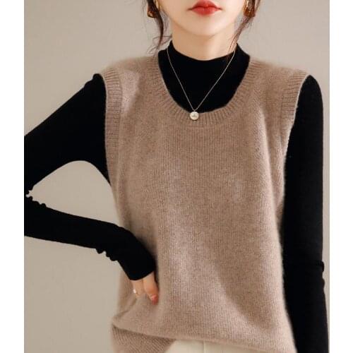 Women Sleeveless Oneck 100% Pure Wool Knitted Jumpers 2021 Winter New Pullovers Female Sweaters