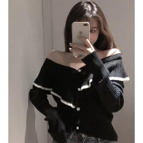 Ruffles Knitted Sweater Cardigan Women V-Neck Long Sleeve Casual Black Single Breasted Jumpers Korean Sexy Sweater Loose X543