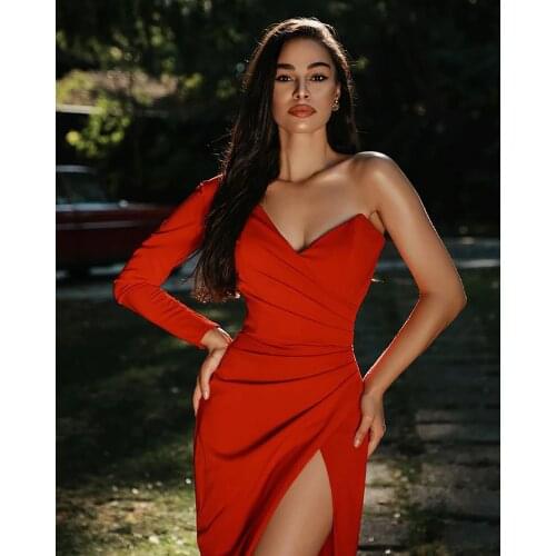 2021 spring and autumn new evening dress womens banquet temperament elegant one shoulder slim open buttock red