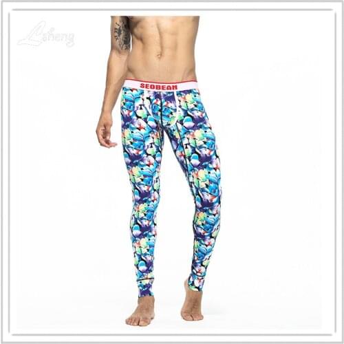 1PCS Fashion Mens Blue Print Warm Long Johns Clothes Male Sexy Cotton Slim Hip Leggings Tight Pants Men Long Pants Underwear