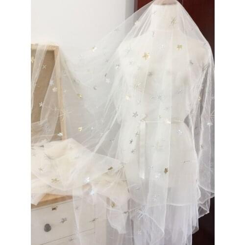 5 yards Exquisite Sequined Tulle Lace Fabric ,Star Floral Embroidery Metallic Bridal Gown Lace Fabric by Yard in Chamopagne