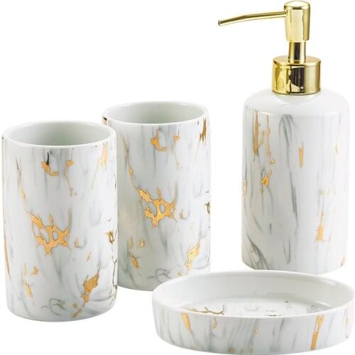 Ceramic Marble Pattern Bathroom 4/set of Household Push-type Lotion Bottle/mouthwash Cup/soap Dish/mug/bathroom Soap Dispenser