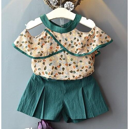 Girls Sets 2020 Summer New Childrens Clothing Girls Fashion Leaf Print Chiffon Off-Shoulder Shirt + Shorts Two-Piece Suit
