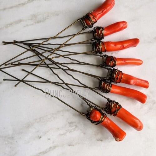 Red Coral Hair Pins Black Raw Stone Hair Sticks Raw Stone Hair Accessories HJ28753