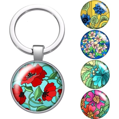 Colorful beauty flowers fashion glass cabochon keychain Bag Car key Rings Holder Charms silver plated key chains Women Gifts