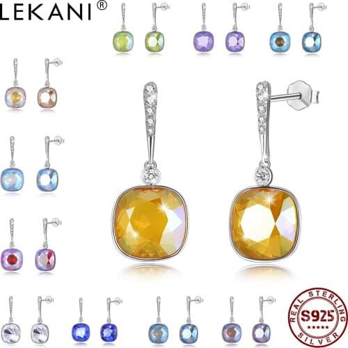 LEKANI Real 925 Sterling Silver Earring Geometric Austria Crystal Female Fine Jewelry Brithday Gift To Girlfriend New Arrival