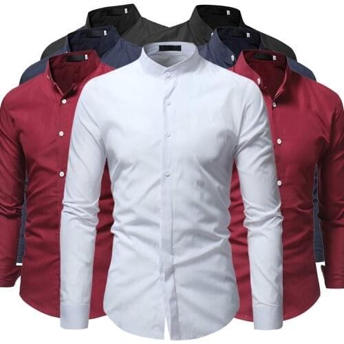 Mens Fashion Stand Collar Long Sleeve Shirt Pure Color Business Casual Dress Formal Shirt