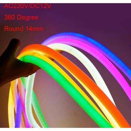 Round Soft LED Neon Strip AC220V 240v DC12V 14mm Round Flex 120pcs 2835/m 360 Degree Lighting Neon Flexible Strip IP67