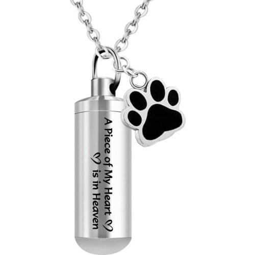 Stainless Steel Pet Paw Cylinder Pendant Urn Necklace for Ashes A Piece of My Heart is in Heaven Cremation Memorial ash Keepsake