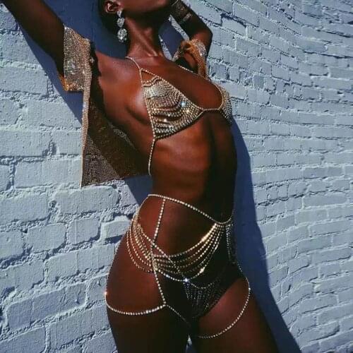 Sexy Rhinestone Underwear Chain Bra and Panties for Women Nightclub Crystal Body Chain Bikini Harness Luxury Jewelry wholesale