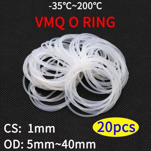 20pcs VMQ O Ring Seal Gasket Thickness CS 1mm OD 5 ~ 40mm Silicone Rubber Insulated Waterproof Washer Round Shape White Nontoxic