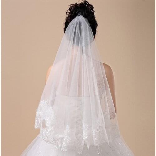 Women Bridal Short Wedding Veil White One Layer Lace Flower Edge Appliques 2020 bridal applique