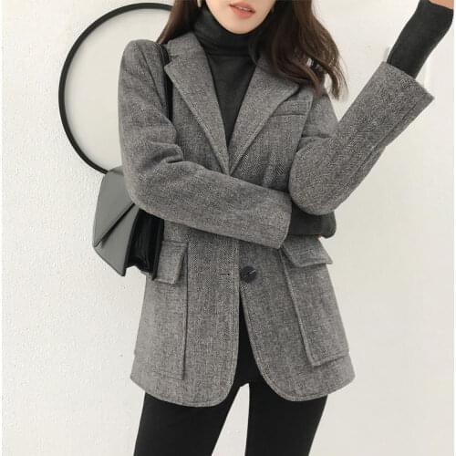 Women Blazer Twill Woolen Jacket 2020 New Arrivals Long Grey Blazer Ladies Coats