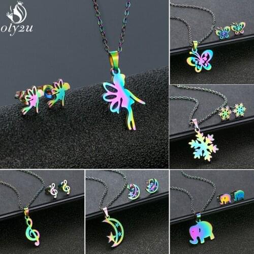 Winter Snowflake Jewelry Set Colorful Stainless Steel Necklaces for Women Cute Butterfly Fairy Star Moon Earrings Fashion Brinco