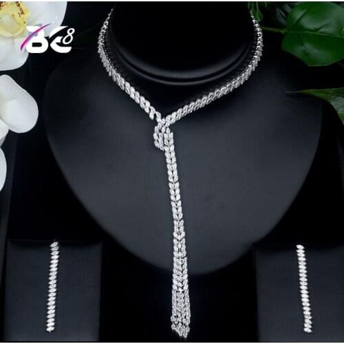 Be 8 Luxury Geometric Design Women Nigerian Wedding Naija Bride AAA Cubic Zirconia Necklace Dubai 2PCS Wedding Jewelry Set S425