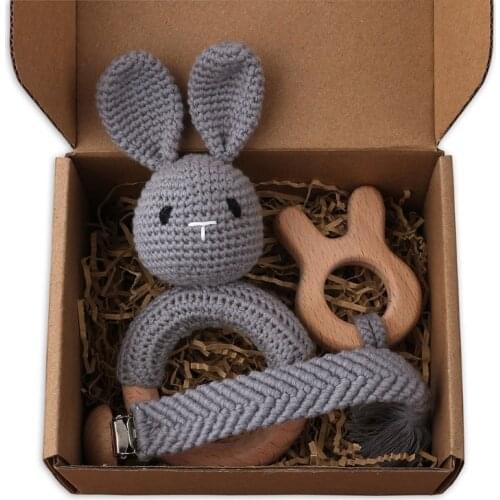 1Set Baby Teether Safe Wooden Toys Crochet Bunny Ear Rattle Soother Teether Pacifier Chain Clips Set Shower Gift