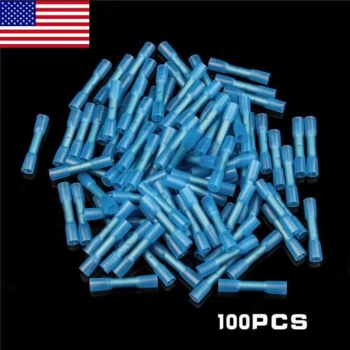 100PCS Blue Heat Shrink Crimp Terminals Waterproof Fully Insulated Seal Butt Splices Electrical Wire Connectors 16-14 AWG