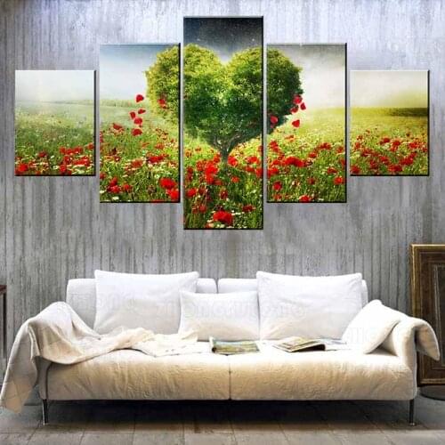 HD Printed Type 5 Panel Poppies Petals Heaven Love Heart Green Tree Canvas Paintings Wall Decorative Framework For Living Room