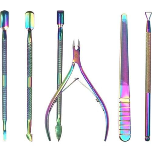 6PCS Stainless Steel Nail Cuticle Pusher Tweezer Nail Art Files Gel Polish Remove Manicure Care Groove Clean Tool