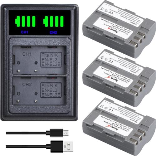 3Pcs EN-EL3E EN EL3 2000mAh Batteries+LED Dual Charger with Type C Port for Nikon D50 D70 D70s D80 D90 D100 D200 D300 D300S D700