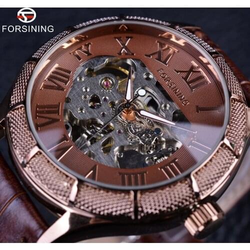 Forsining Skeleton Steampunk Wristwatch Brown Genuine Leather Strap Men Mechanical Self Wind Watch Top Brand Luxury Automatic