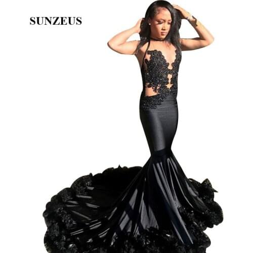 Black Mermaid Prom Dress With Feathers Beaded Appliques Illusion Top Sexy Party Gowns Long Black Girl Dress vestido de gala