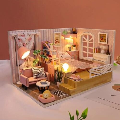 Wooden Doll House Furnitures Diy 3D Wooden Miniaturas Assemble Dollhouse Toys for Children Birthday Gifts