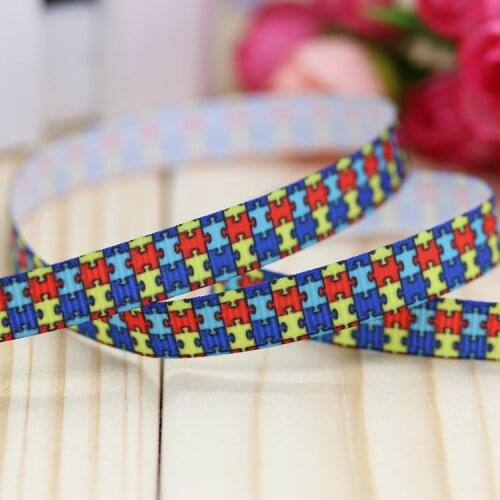 DHK 3/8'' 5yards autism printed grosgrain ribbon hair bow diy party decoration OEM Wholesale 9mm E1271
