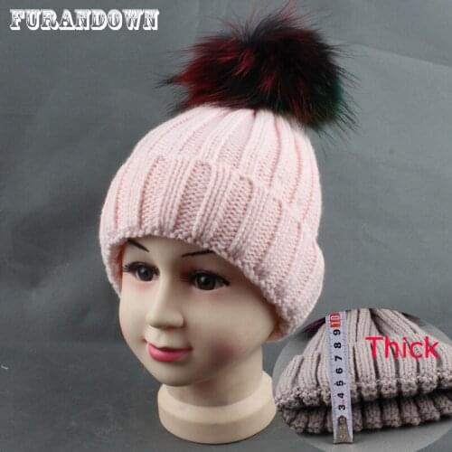 Children Age 2-10 years Colorful Fur Pom pom Hat Thick Stretchy Knit Beanie Skullies Kids Girls Winter Cap