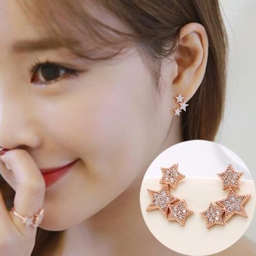Ekopdee Korean Fashion Shiny Zircon Stud Earrings For Women Elegant Silver Color Crystal Star Earring Bridal Wedding Jewelry New