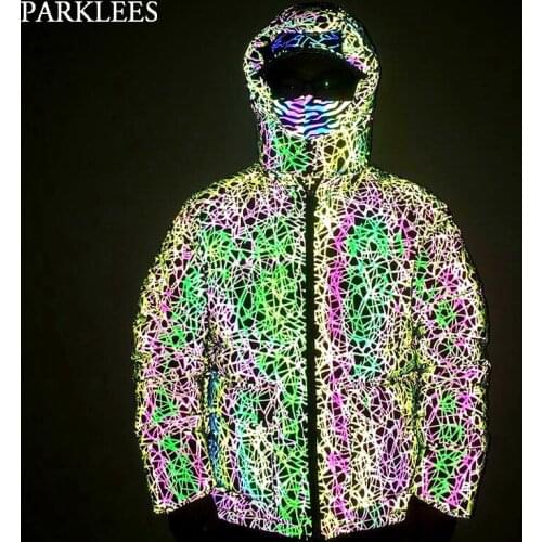 Hip Hop Line Reflective Hooded Jacket Men 2020 Thick Parkas Windbreaker Fluorescent Streetwear Warm Jacket Harajuku Coat Outwear