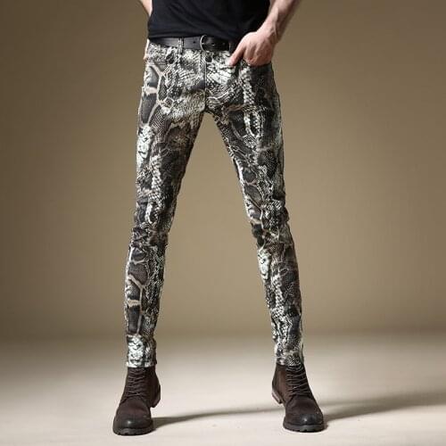 Fashion Snake Skin Printed Jeans Men Straight Slim Fit Pants