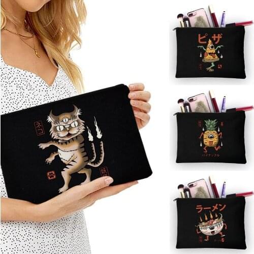 Cute Monster Print Women Canvas Makeup Bags Travel Lady Storage Bag Wash Bag Fabric Zipper Multifunctional Cosmetic Storage Bag