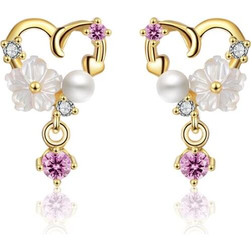 Cute Romantic Heart Flower Stud Earrings For Women Shell Crystal Pearl Detailed Female Wedding Earring Piercing Jewelry Gifts