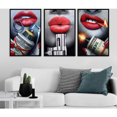 Hot Sexy Girls Poster Red Lips Dollar Fireworks Dangerous Money Art Painting Poster Prints Decorative Painting Wall Art Canvas