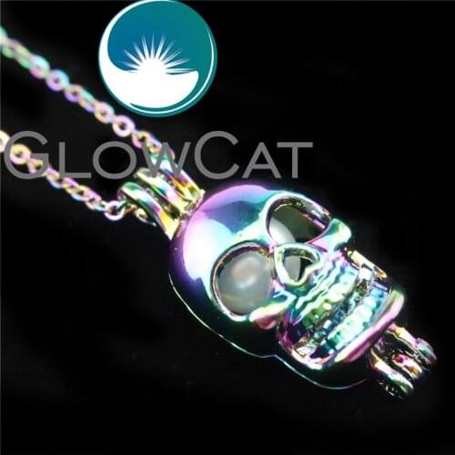 R-C60 Rainbow Color Gothic Skull Beads Cage Pendant Aromatherapy Perfume Diffuser Pearl Cage Locket Necklace