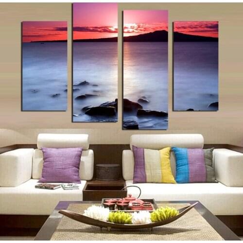 4 Panels Modern Home Decoration Canvas Printings Painting Stone And Sea Landscape Artwork For Living Room Decor