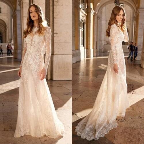 Wedding Dresses 2021 Princess Long Sleeves Lace Appliques Beach Bridal Gown Button Tulle Flower Button Robe De MarieBride Dress