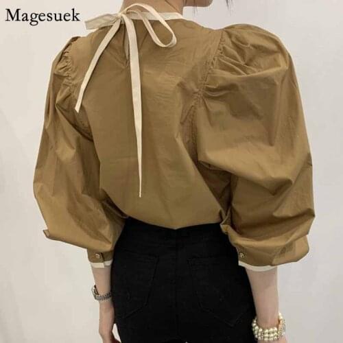 Korean Chic Lace Plus Size Loose Tops Solid Women Shirt 2021 Fashion O-neck Lantern Sleeve Bow Women Blouses Blusas Mujer 12784