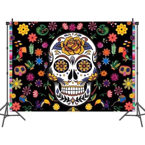 Flowers Personality Skull Black Backdrop Halloween Party Room Table Decoration Child Photography Photo Background Vinyl Banner