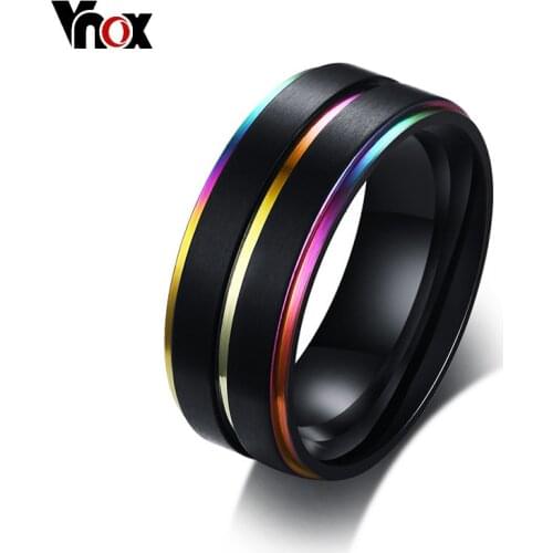 Vnox Cool Thin Rainbow Line Wedding Rings for Men 8MM Black Stainless Steel Boy Anel Masculino Matte Finished Accessories