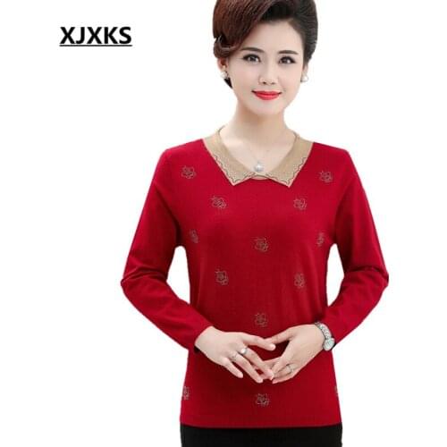 XJXKS 2020 autumn winter new loose plus size wool knitted sweater women pullover fashion diamond women lapel sweater