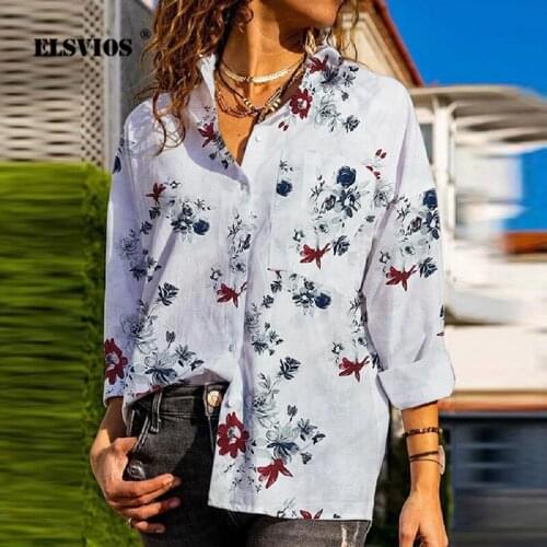 Womens Spring Autumn Chiffon Shirt Blouse Vintage Floral Print Turn-down Collar Long Sleeve Buttons Blouse Ladies Loose Blouses