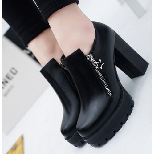 Black PU Leather Ankle Boots For Women Thick Heels Pumps 2018 Winter Platform High Heels Shoes Woman Booties Zapatos Mujer